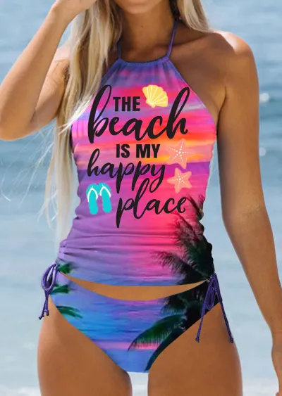 Women's Coconut Tree Letter Print Tankini Swimsuit Set