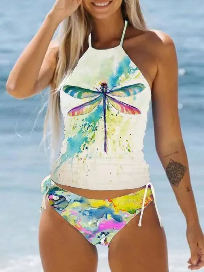 Women's Coconut Tree Letter Print Tankini Swimsuit Set