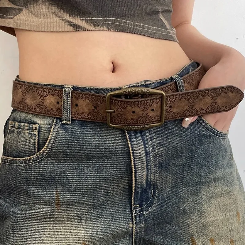 Women's Fashion Casual Vintage Versatile Solid Color PU Embossed Square Pin Buckle Belt