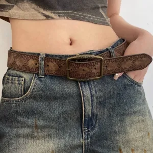 Women's Fashion Casual Vintage Versatile Solid Color PU Embossed Square Pin Buckle Belt