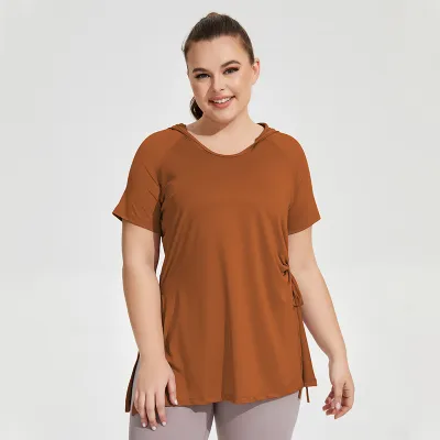 Women Plus Size Sports Hooded Short Sleeve Top Solid Color Loose Fit