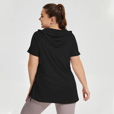 Women Plus Size Sports Hooded Short Sleeve Top Solid Color Loose Fit