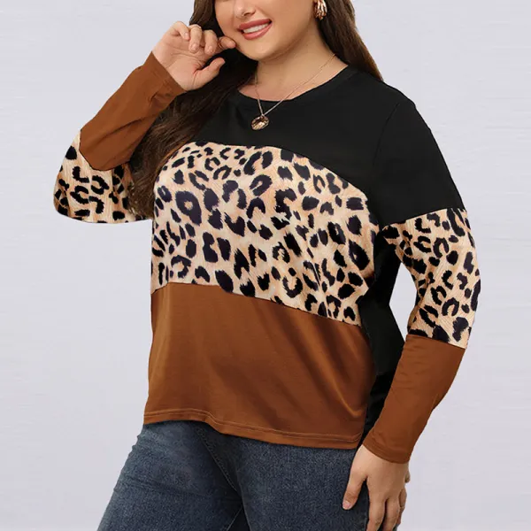 Women Fashion Plus Size Leopard Stitching Crewneck Long Sleeve T-Shirt