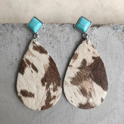 Women Vintage Bohemian Leopard Milk Print Drop Turquoise Earrings 2pair/Pack