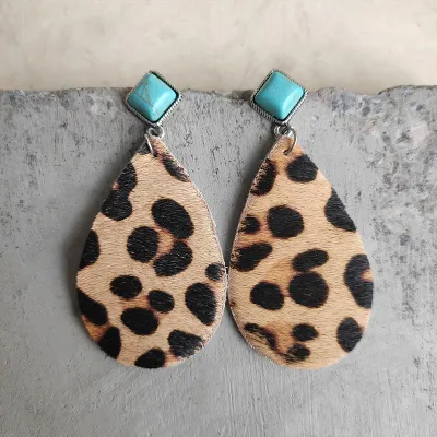 Women Vintage Bohemian Leopard Milk Print Drop Turquoise Earrings 2pair/Pack