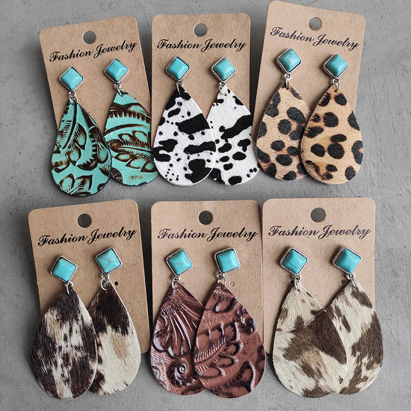Women Vintage Bohemian Leopard Milk Print Drop Turquoise Earrings 2pair/Pack
