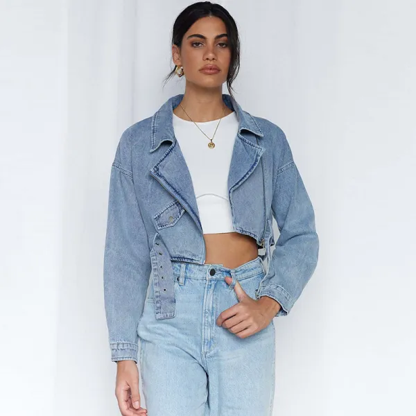 Women Fashion Casual Lapel Long Sleeve Denim Coat