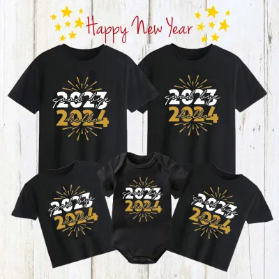 Family Matching Bye 2023 Hello 2024 Print Short Sleeve New Year T-Shirt