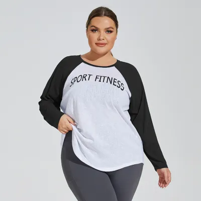Women Plus Size Loose Breathable Colorblock Running Long Sleeve T-Shirt