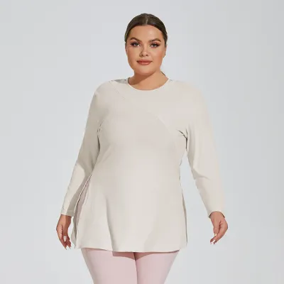Women Plus Size Long Sleeve Side Split Yoga T-Shirt Solid Color Rayon