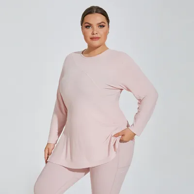 Women Plus Size Long Sleeve Side Split Yoga T-Shirt Solid Color Rayon