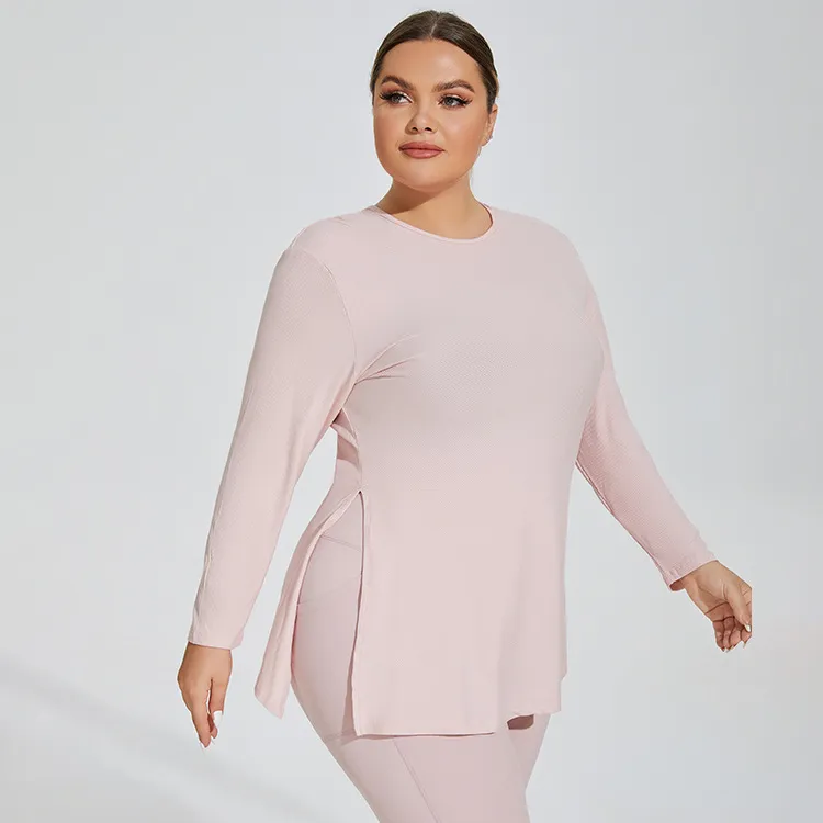 Women Plus Size Long Sleeve Side Split Yoga T-Shirt Solid Color Rayon