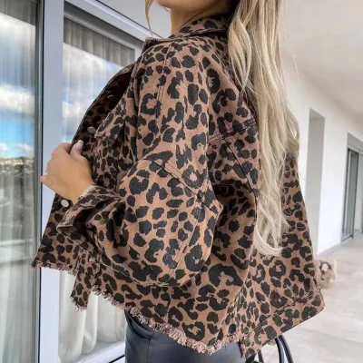 Women Fashion Leopard Print Denim Jacket