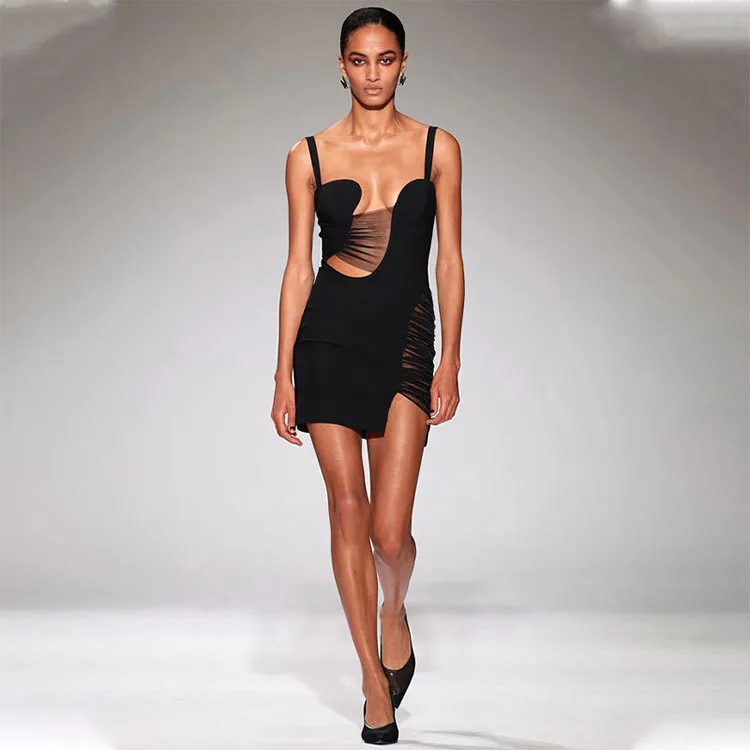 Women Fashion Sexy Mesh Cut Out Sleeveless Irregularly Dress