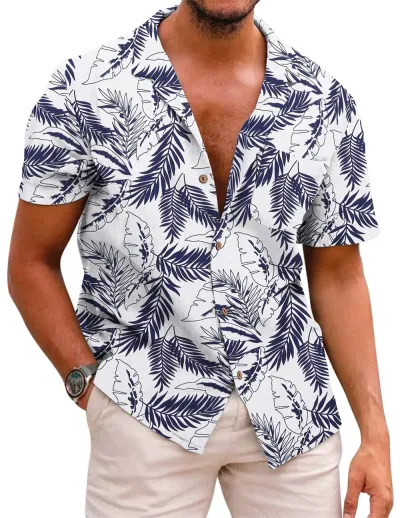 Men Fashion Street Tide Stripe Cardigan Lapel Short Sleeve Shirt