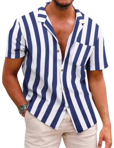 Men Fashion Street Tide Stripe Cardigan Lapel Short Sleeve Shirt