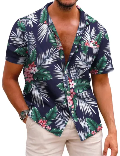 Men Fashion Street Tide Stripe Cardigan Lapel Short Sleeve Shirt