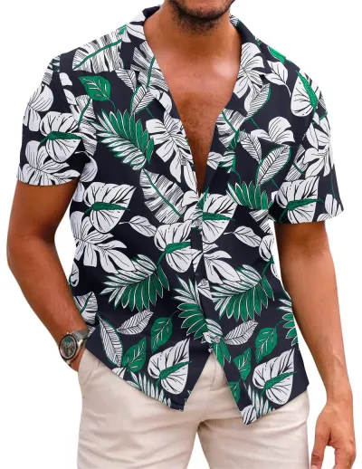Men Fashion Street Tide Stripe Cardigan Lapel Short Sleeve Shirt