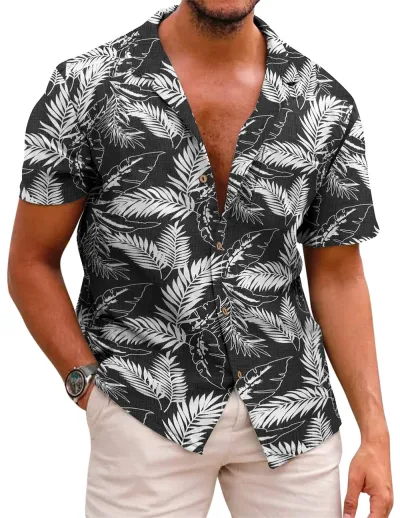Men Fashion Street Tide Stripe Cardigan Lapel Short Sleeve Shirt