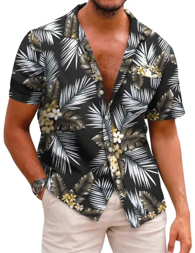 Men Fashion Street Tide Stripe Cardigan Lapel Short Sleeve Shirt