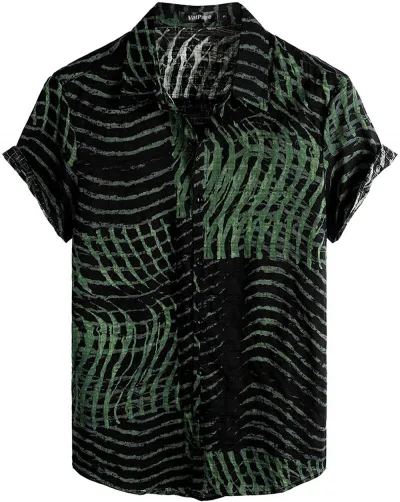 Men Fashion Street Tide Stripe Cardigan Lapel Short Sleeve Shirt