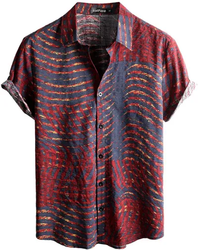 Men Fashion Street Tide Stripe Cardigan Lapel Short Sleeve Shirt