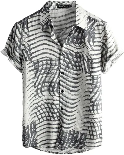 Men Fashion Street Tide Stripe Cardigan Lapel Short Sleeve Shirt