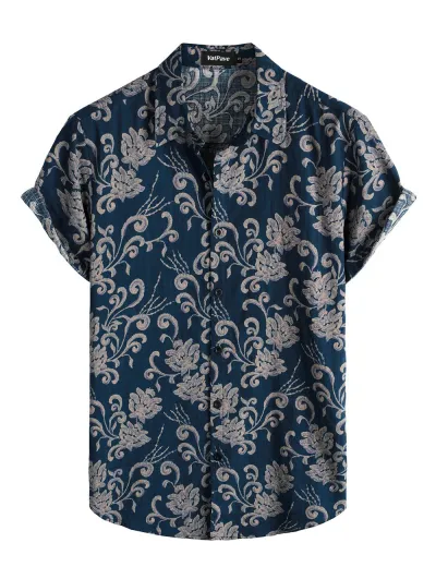 Men Fashion Street Tide Stripe Cardigan Lapel Short Sleeve Shirt