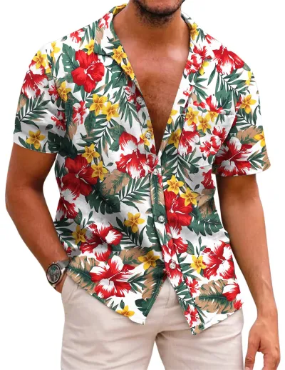 Men Fashion Street Tide Stripe Cardigan Lapel Short Sleeve Shirt