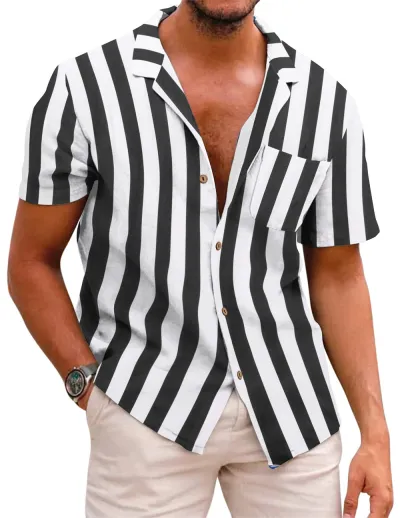 Men Fashion Street Tide Stripe Cardigan Lapel Short Sleeve Shirt