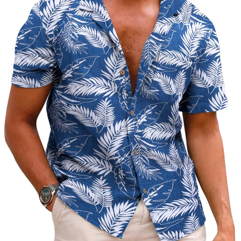 Men Fashion Street Tide Stripe Cardigan Lapel Short Sleeve Shirt