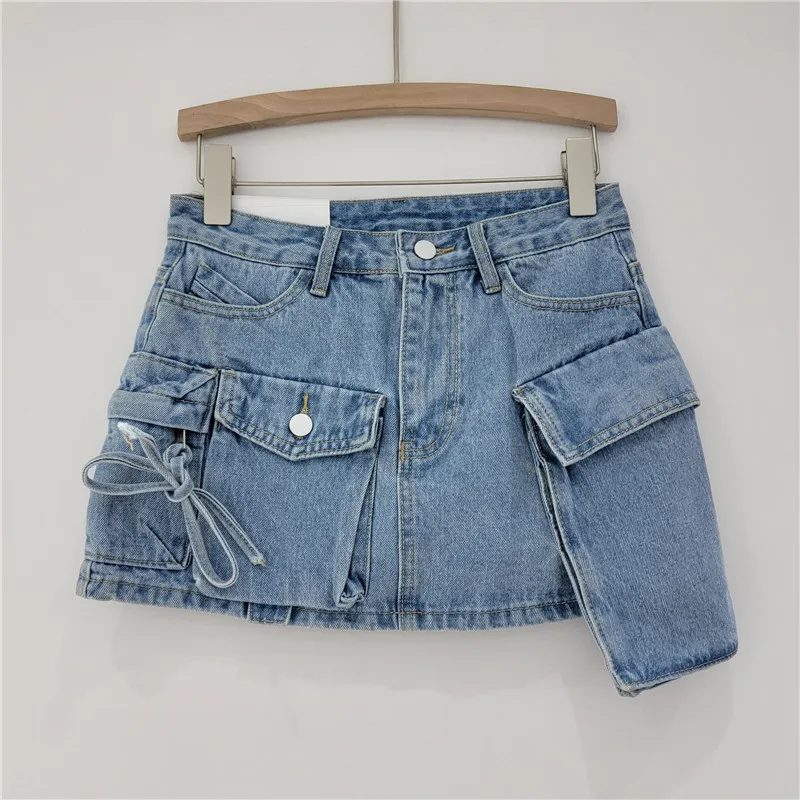 Women's Denim A-Line Skirt with Irregular Pockets - Solid Color Office & Retro Style