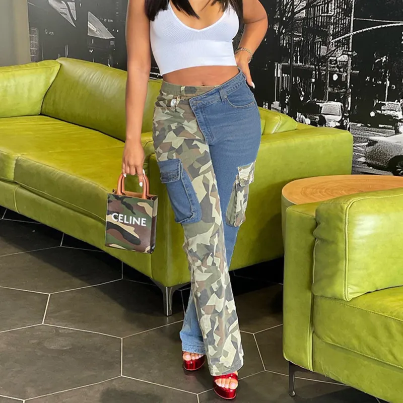 Women Fashion Camouflage Denim Straight Jeans