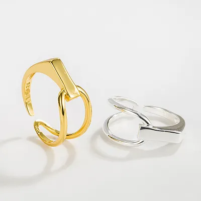 Women's Sterling Silver Geometric Lines Asymmetric Opening Ring