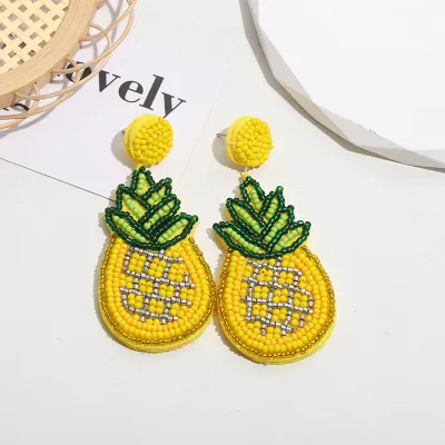 Women Fashion Bohemian Handmade Braided Rice Beads Pineapple Earrings