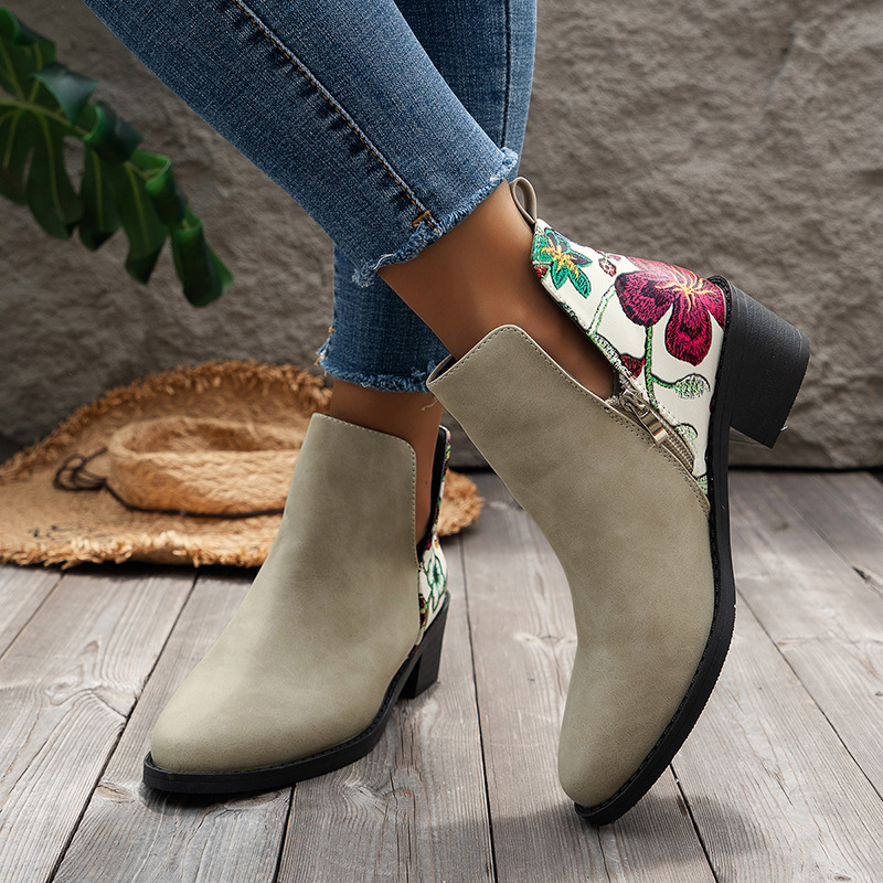 Wholesale Women Fashion Vintage Plus Size Floral Side Zipper Short Chelsea Boots