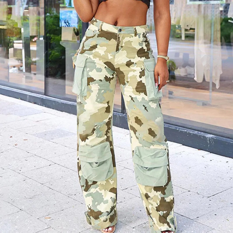 Women Casual Street Camouflage Printed Pocket Stitching Color Contrast Straight Leg Cargo Pants