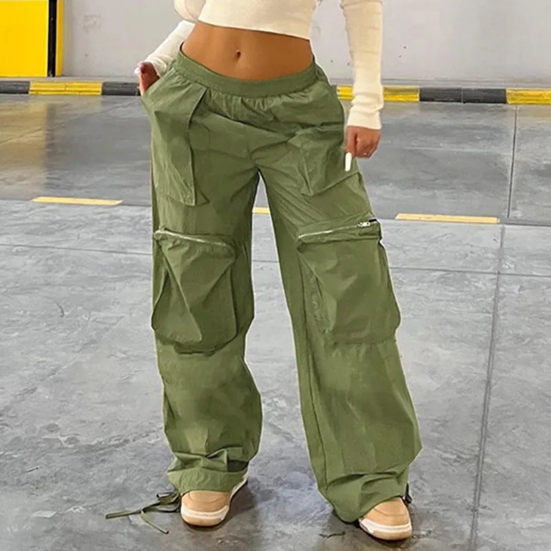 Wholesale Women Casual Street Loose Large Pocket Zipper Drawstring Cargo  Pants