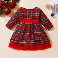 Kids Toddler Girls Fashion Casual Christmas Red Plaid Round Neck Long Sleeve Mesh Dress