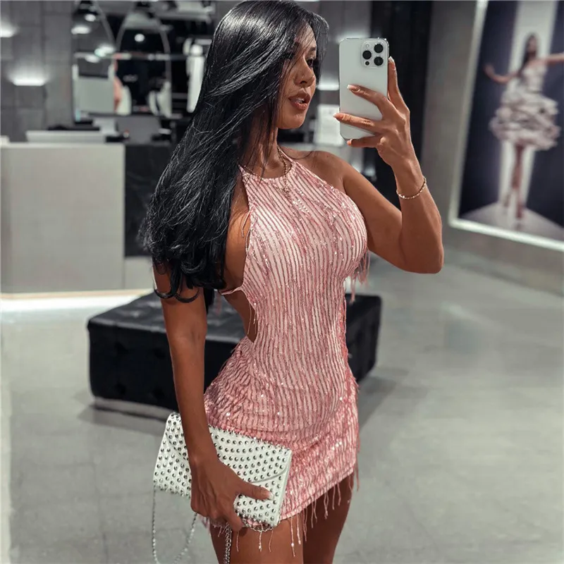 Women Sexy Halter Backless Sequin Tassel Street Hipster Dress