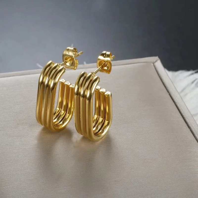 Women Fashion Multi-Layer Geometric Oval Stainless Steel Earrings