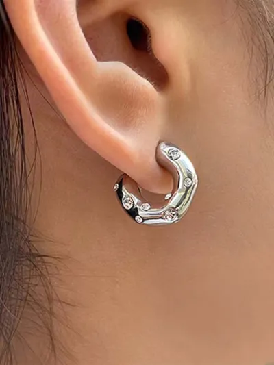 Women Fashion Stainless Steel C- Shaped Drill Earrings