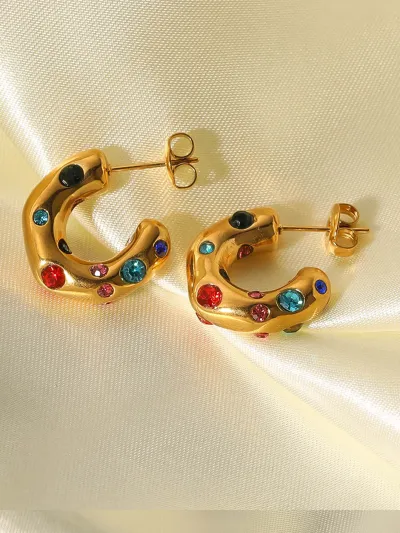 Women Fashion Stainless Steel C- Shaped Drill Earrings
