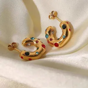 Women Fashion Stainless Steel C- Shaped Drill Earrings