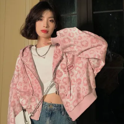 Fashion Women Pink Leopard Print Long Sleeve Zipper Hoodie