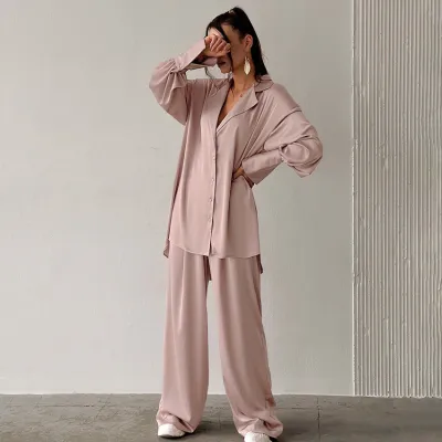 Women's Satin Lapel Long Sleeve Pajamas Set - Solid Color Loose Home Pajamas