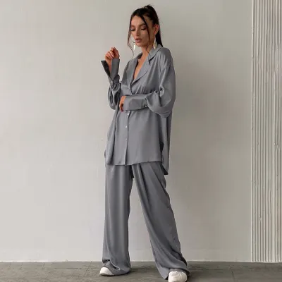 Women's Satin Lapel Long Sleeve Pajamas Set - Solid Color Loose Home Pajamas