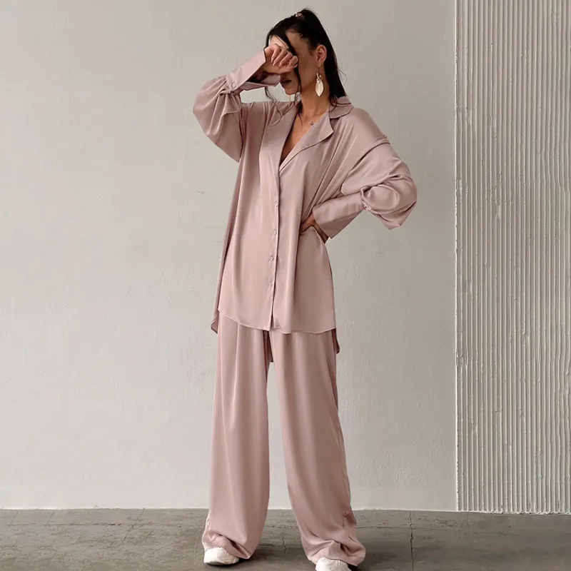 Women's Satin Lapel Long Sleeve Pajamas Set - Solid Color Loose Home Pajamas