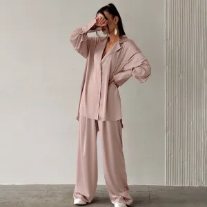 Women's Satin Lapel Long Sleeve Pajamas Set - Solid Color Loose Home Pajamas
