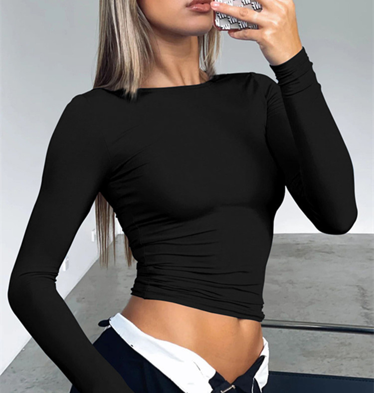Wholesale Women Fashion Solid Color Long Sleeve Tight Crop T